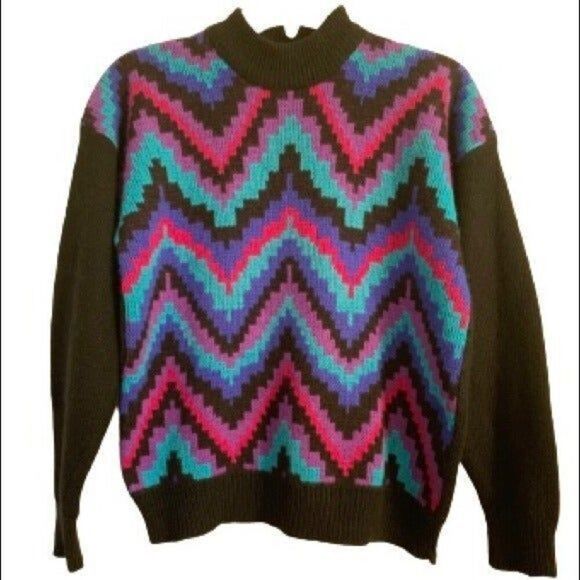 90s colorful crewneck Sweater Lambswool Angora S - Picture 1 of 6